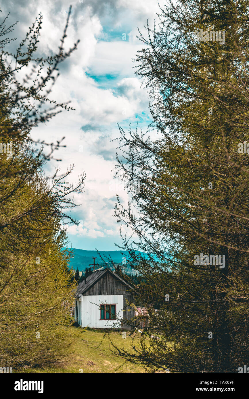 Bella casa bianca nel bosco, il posto perfetto per trascorrere gli ultimi anni della tua vita. rappresentazione della perfezione. blu cielo nuvoloso giorno Foto Stock