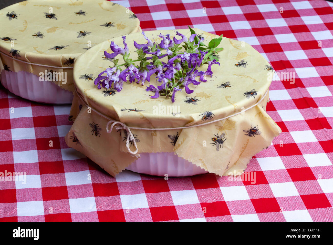 In casa giallo contenitore in cera d'Api si avvolge con graziosi Bee Design su un rosso e bianco tovaglia a scacchi con il cinese (Danshen) Salvia in fiore Foto Stock
