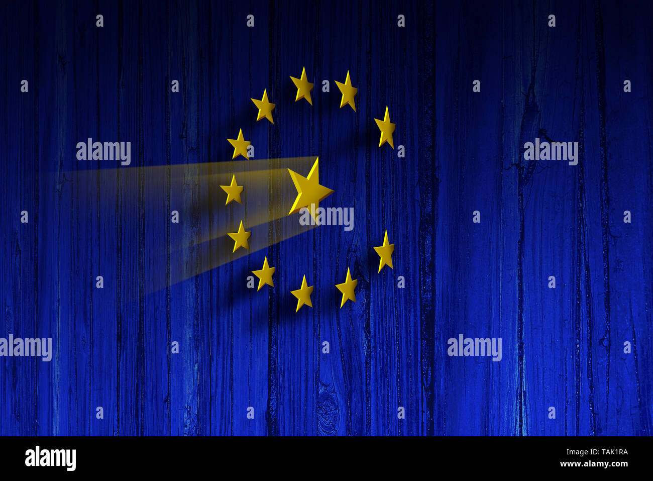Unione Europea concept come i simboli della bandiera dell'Europa come stelle ninja su un blu parete in legno come 3D'illustrazione. Foto Stock