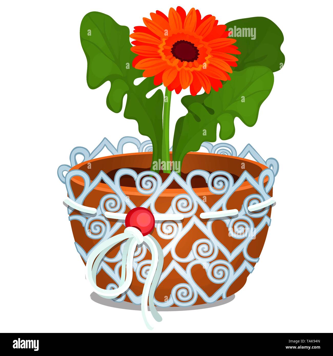 Fiore di arancia di calendula officinalis o calendula cresce in una pentola di creta decorate con motivi in pizzo isolati su sfondo bianco. Vettore di cartoon Illustrazione Vettoriale