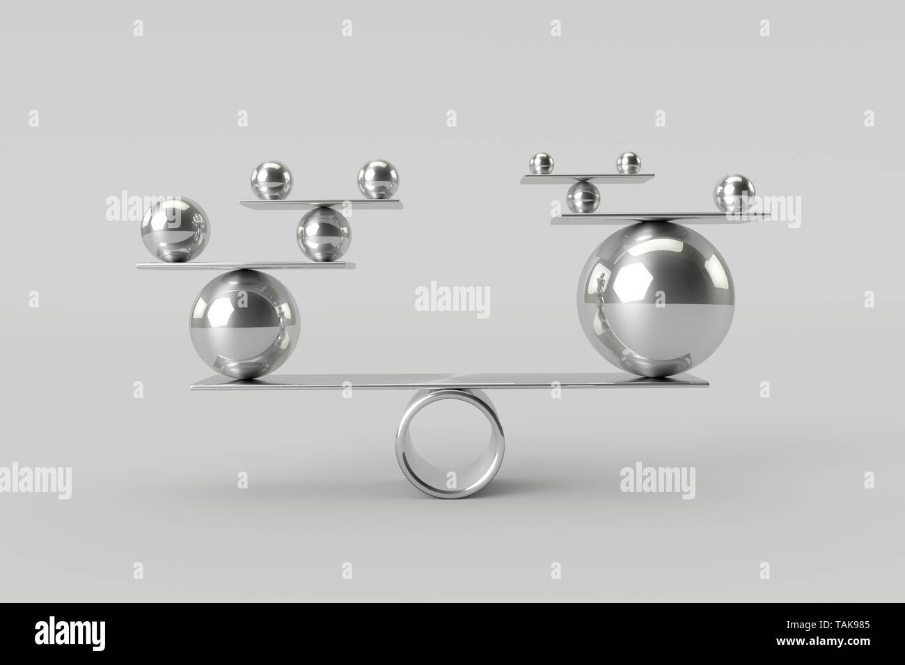 Una perfetta armonia di cromo brillante sfere.Il lavoro di squadra,Rischio e concetto di equilibrio.il rendering 3d. Foto Stock