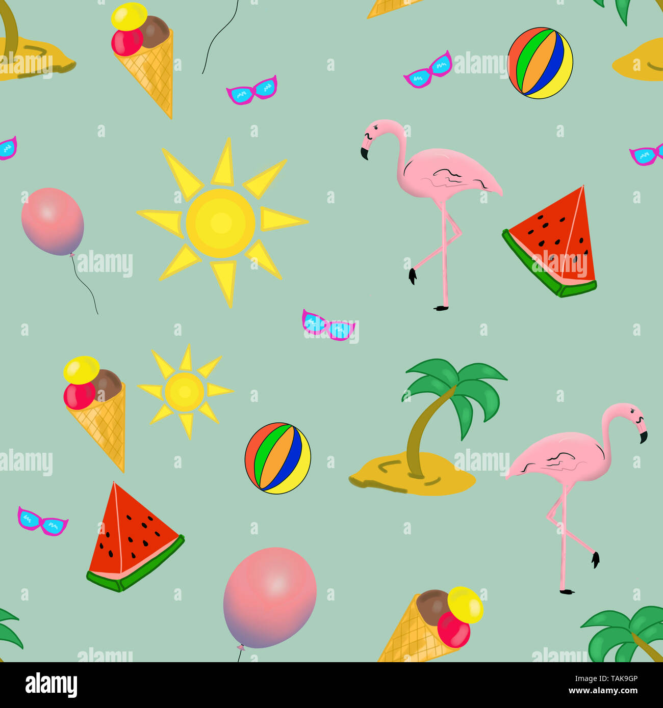 Estate seamless pattern colorati con flamingo, anguria, palm, occhiali da sole su sfondo verde Foto Stock