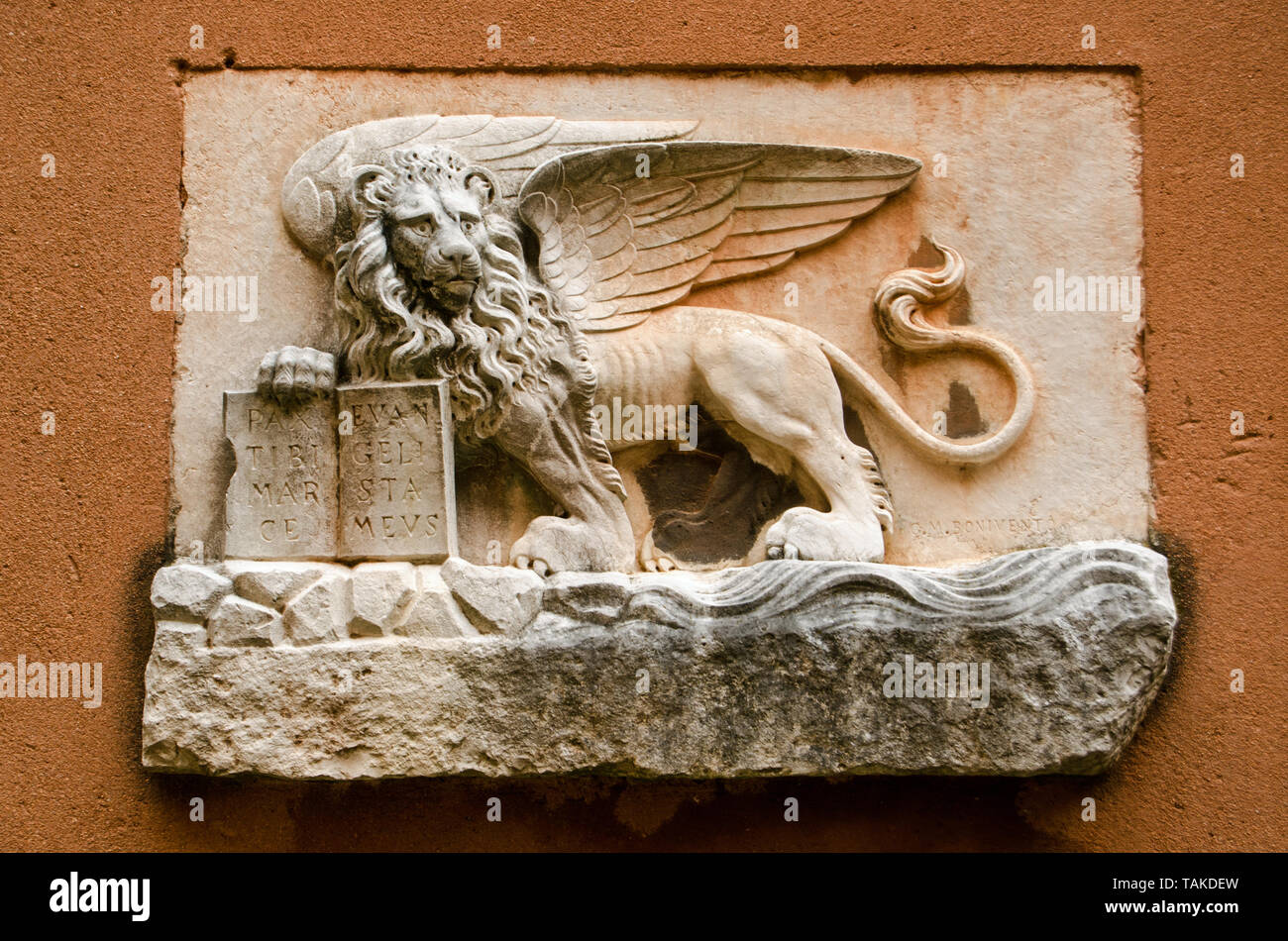 Pietra scolpita leone alato - il simbolo di Venezia - sulla parete esterna di un edificio storico nel centro della città. Foto Stock