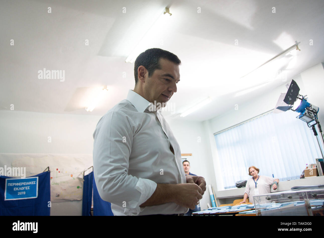 Il primo ministro e presidente in carica del Syriza, Alexis Tsipras visto durante il governo regionale, il Comune e le elezioni del Parlamento europeo. Foto Stock