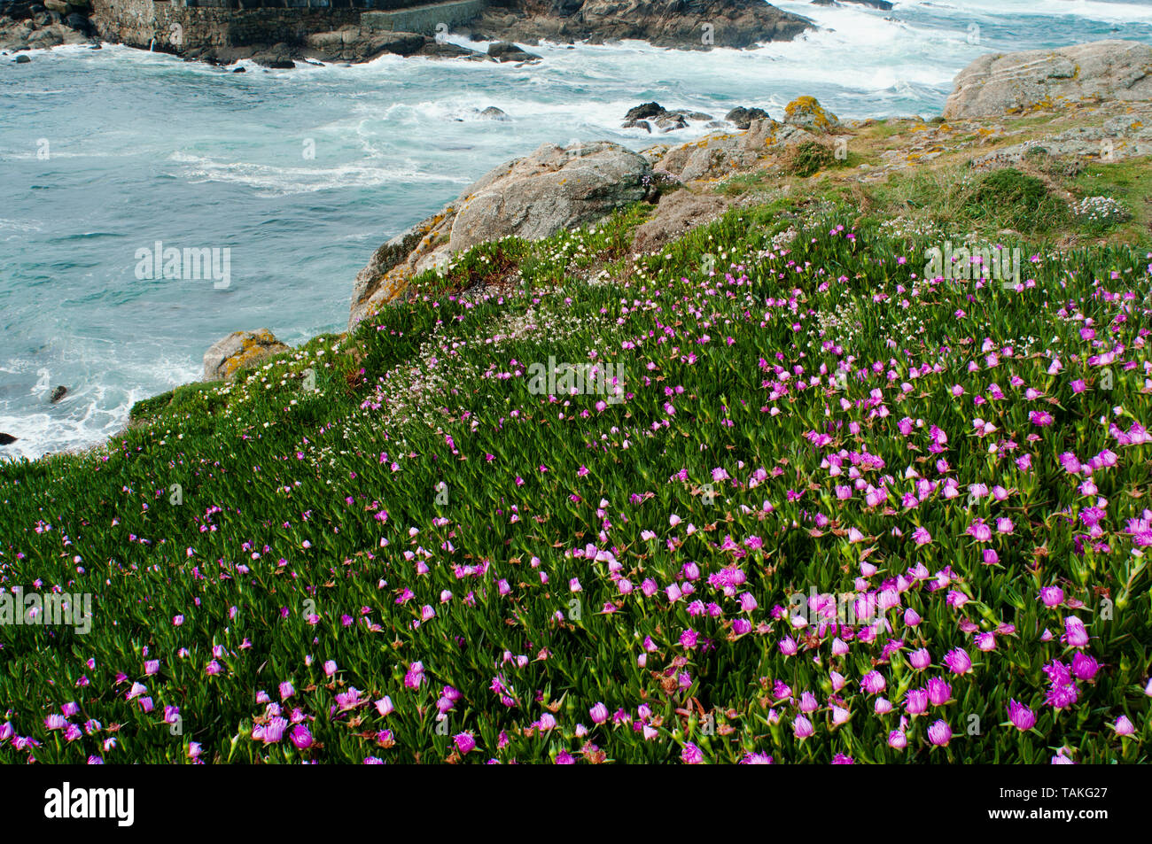 Vista panoramica di Coruna costa rocciosa e Oceano Atlantico, Galizia Spagna. Foto Stock