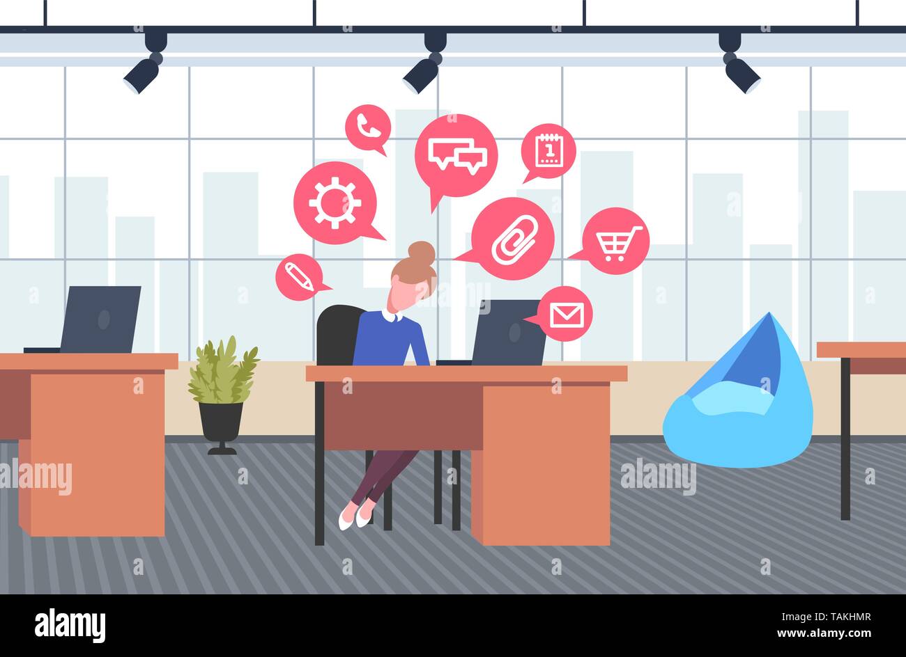 Business donna seduta workplace imprenditrice utilizzando laptop social media network chat online di bolla concetto di comunicazione ufficio moderno interior flat Illustrazione Vettoriale