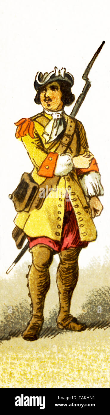 La figura rappresentata qui è un granatiere francese intorno al 1600. L'illustrazione risale al 1882. Foto Stock