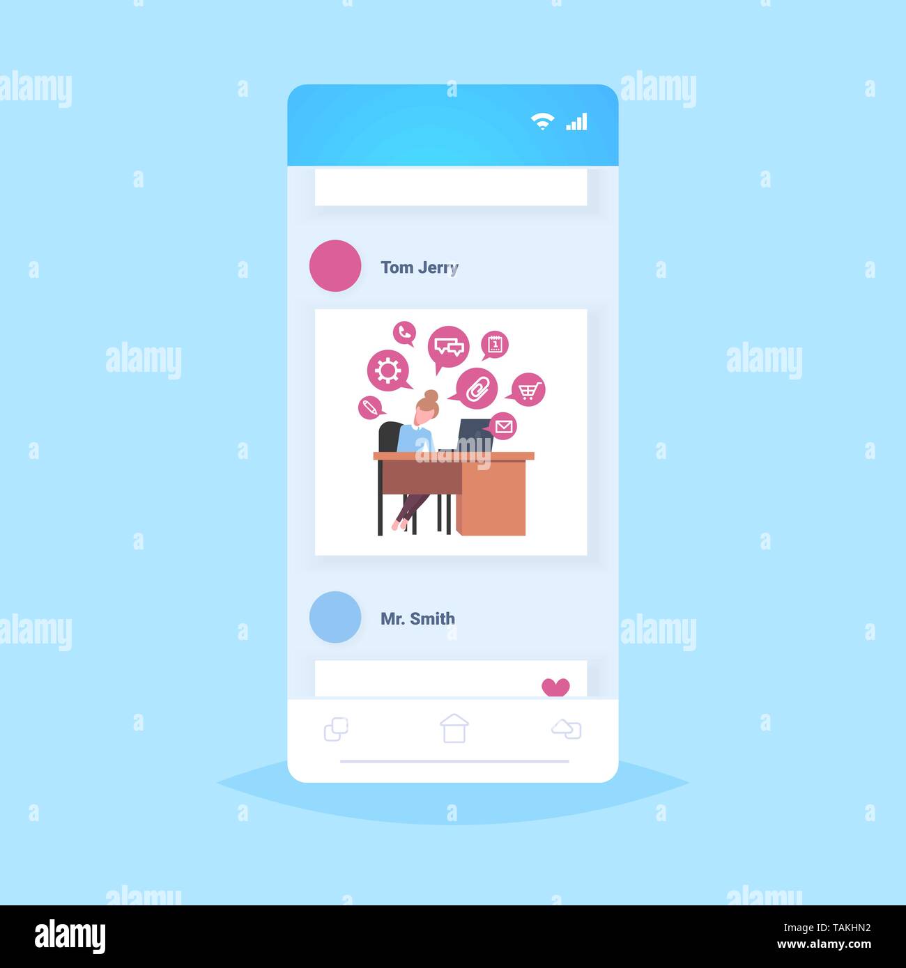 Business donna seduta workplace imprenditrice utilizzando laptop social media network chat online di bolla concetto di comunicazione lo schermo dello smartphone mobile app Illustrazione Vettoriale