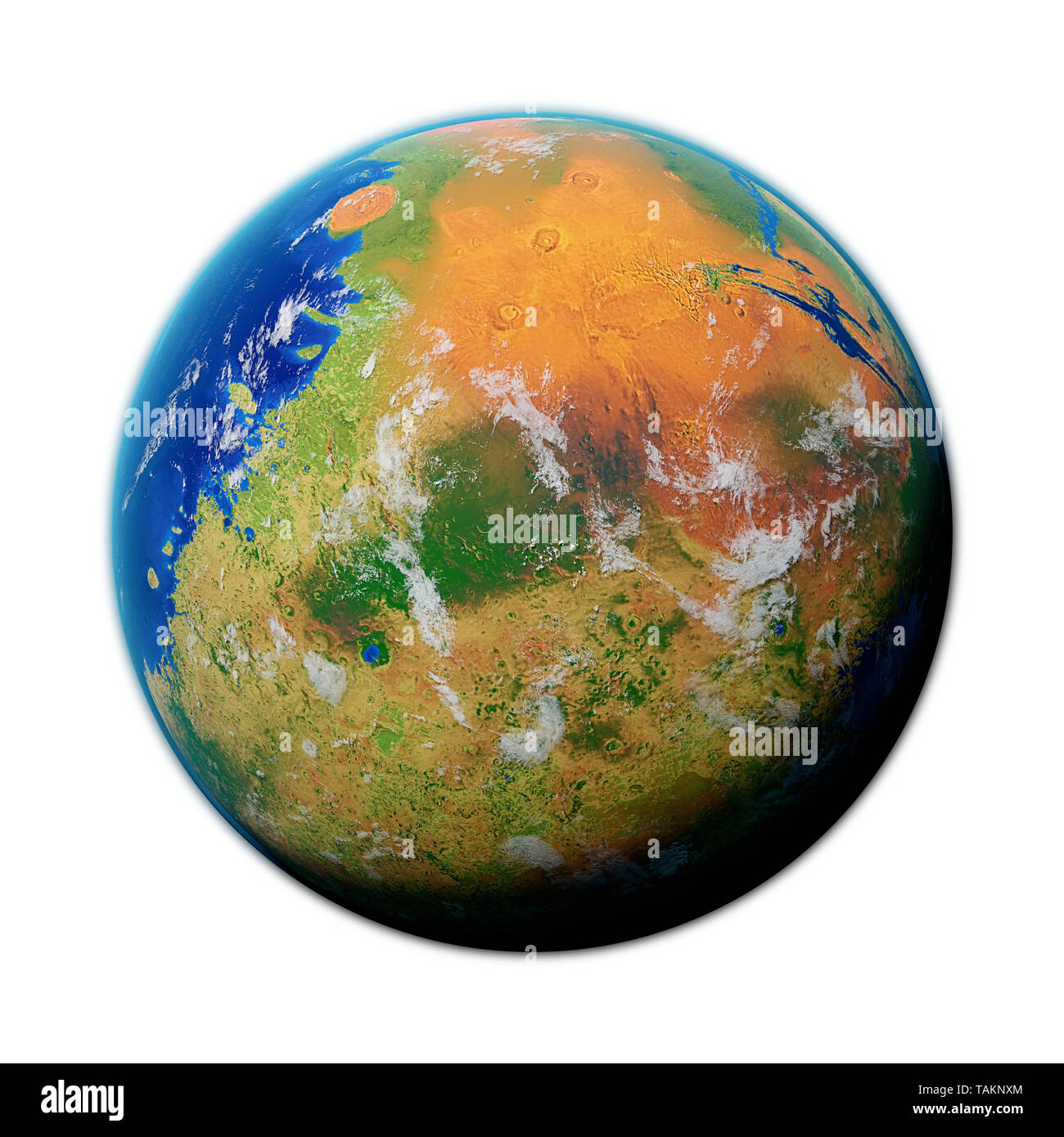 Il terraformare Marte Il pianeta rosso con piante, acqua e atmosfera di ossigeno, isolato su sfondo bianco (spazio 3D illustrazione, gli elementi di questo imag Foto Stock