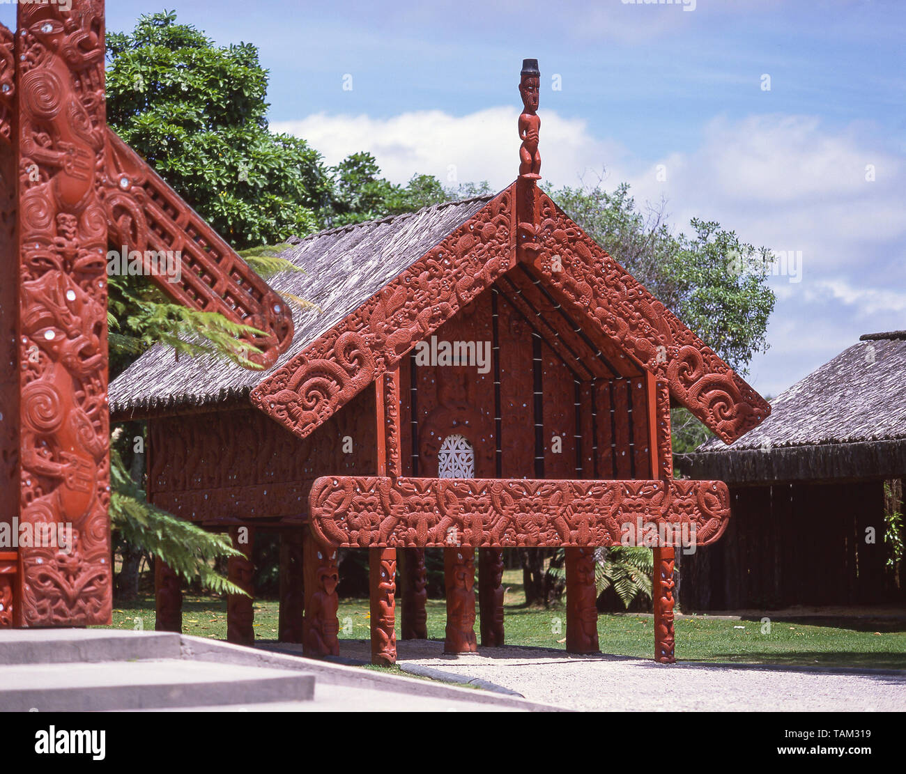 Magazzino Maori (Pataka), Whakarewarewa Vivere il villaggio Maori, Rotorua, Baia di Planty Regione, Isola del nord, Nuova Zelanda Foto Stock