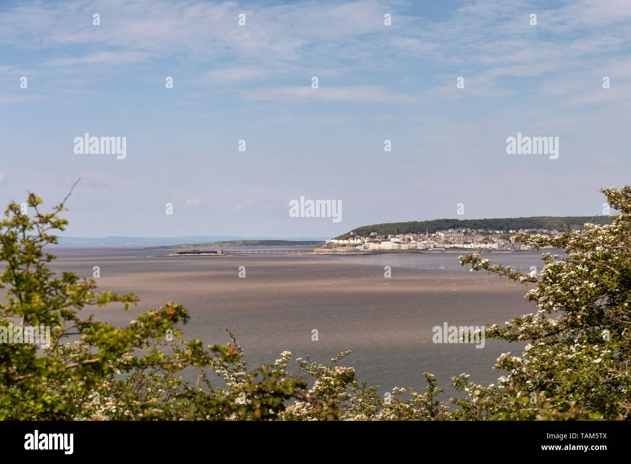 Vista del Weston Super Mare da Brean Down Coastal Walk, Somerset, Inghilterra, Regno Unito Foto Stock