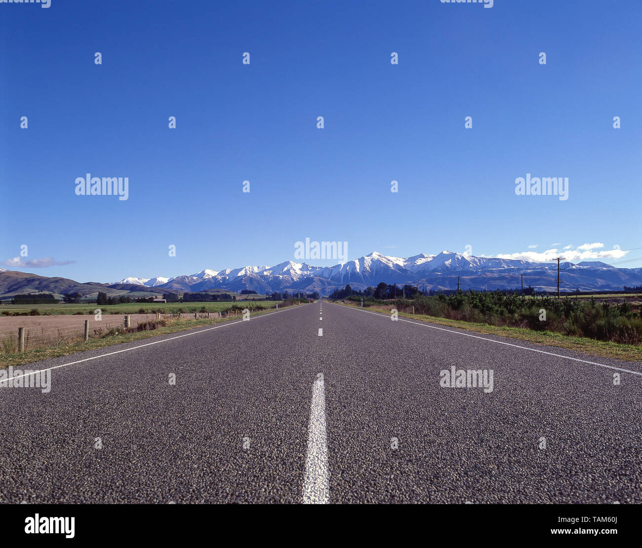 Alpi del Sud montagne dalla Statale 73, Selwyn District, Canterbury, Isola del Sud, Nuova Zelanda Foto Stock