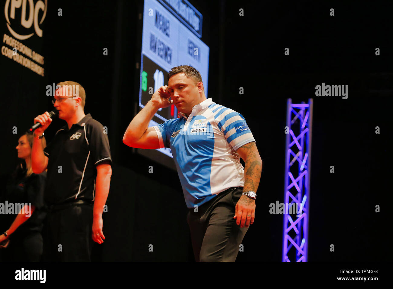 Zwolle, Paesi Bassi. 24 Maggio, 2019. ZWOLLE, 24-05-2019, IJsselhalen, PDC Dutch Masters freccette, Gerwyn Credito Prezzo: Pro scatti/Alamy Live News Foto Stock