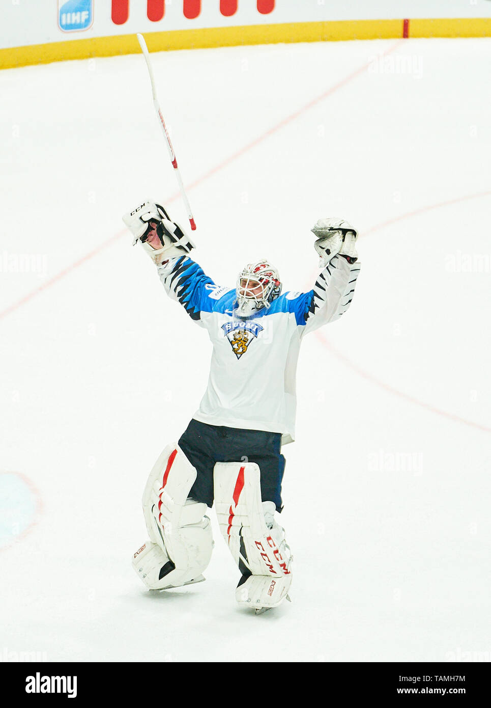 Bratislava, Slovacchia. 26 Maggio, 2019. La Finlandia ha vinto il titolo e celebrare: Kevin LANKINEN, aletta 30 Tifo, gioia, emozioni, celebrando, ridere, tifo, rallegratevi, sistemando i bracci, stringendo il pugno, celebrare, celebrazione Torjubel, CANADA - FINLANDIA 1-3 Kanada - Finnland FINAL IIHF Hockey su ghiaccio ai campionati mondiali di Bratislava, Slovacchia, Slowakei, 26 maggio 2019, STAGIONE 2018/2019, Credito: Peter Schatz/Alamy Live News Foto Stock