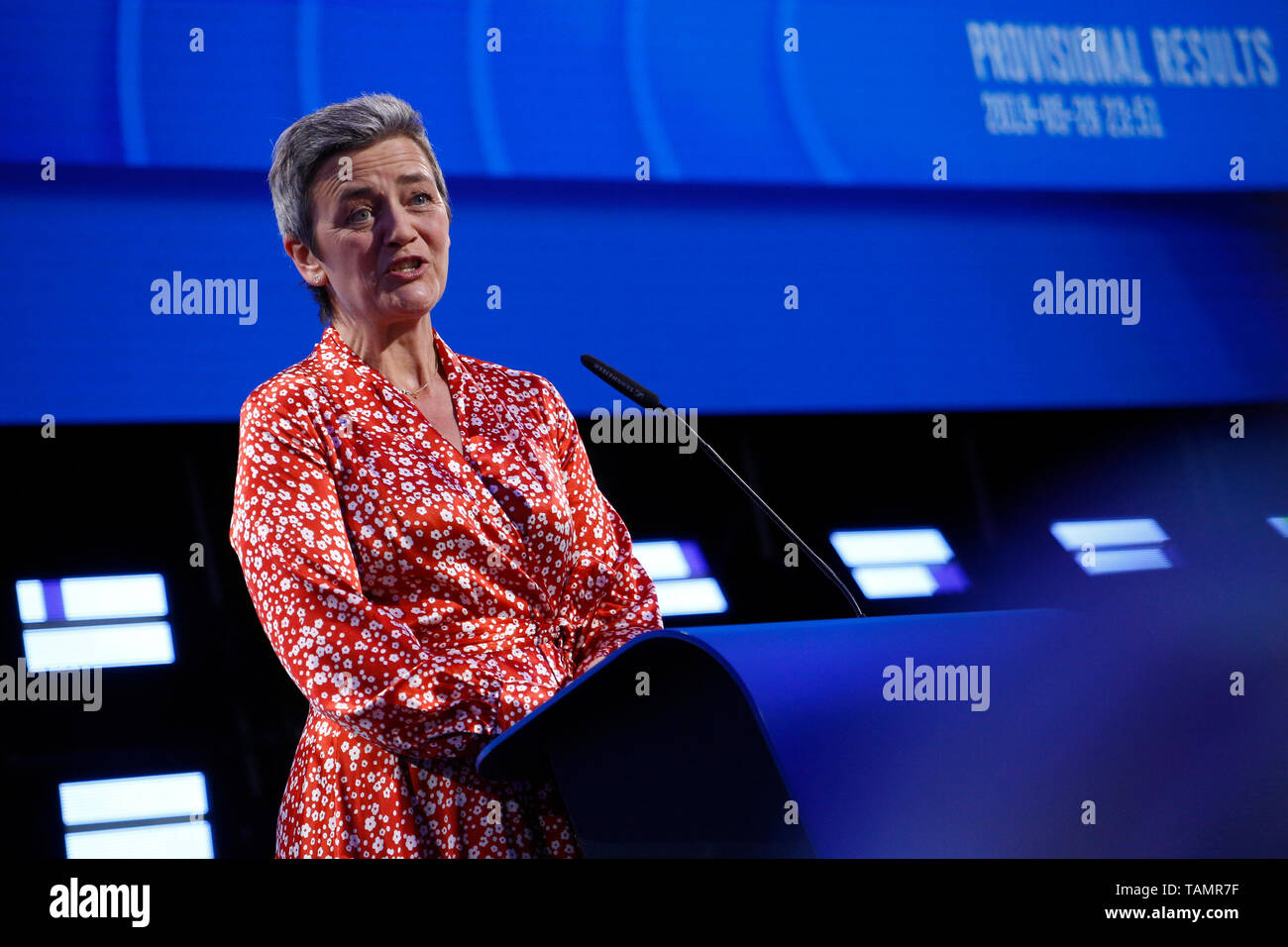 Bruxelles, Belgio. 26 Maggio, 2019. Il Commissario per la concorrenza, Margrethe Vestager parla durante la stima finale dei risultati di dell'elezione del Parlamento europeo. Credito: ALEXANDROS MICHAILIDIS/Alamy Live News Foto Stock