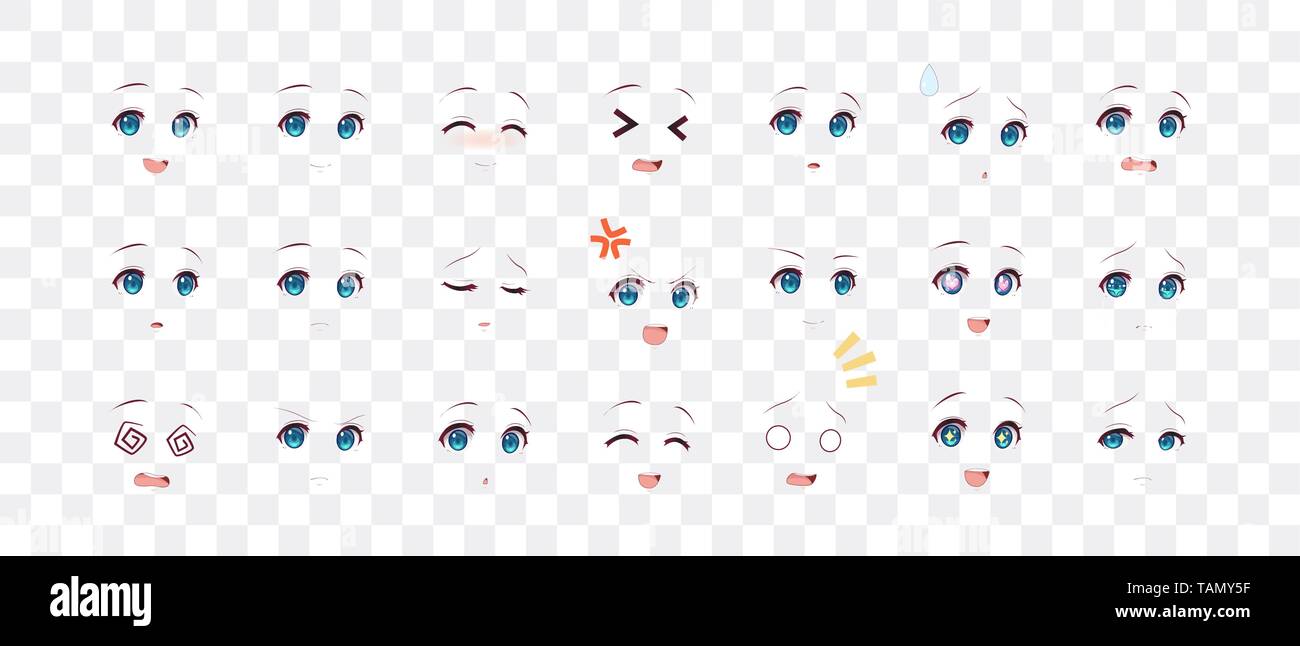Rreal cartoon occhi di anime (manga) ragazze, in stile Giapponese. Insieme di emozioni diverse Illustrazione Vettoriale