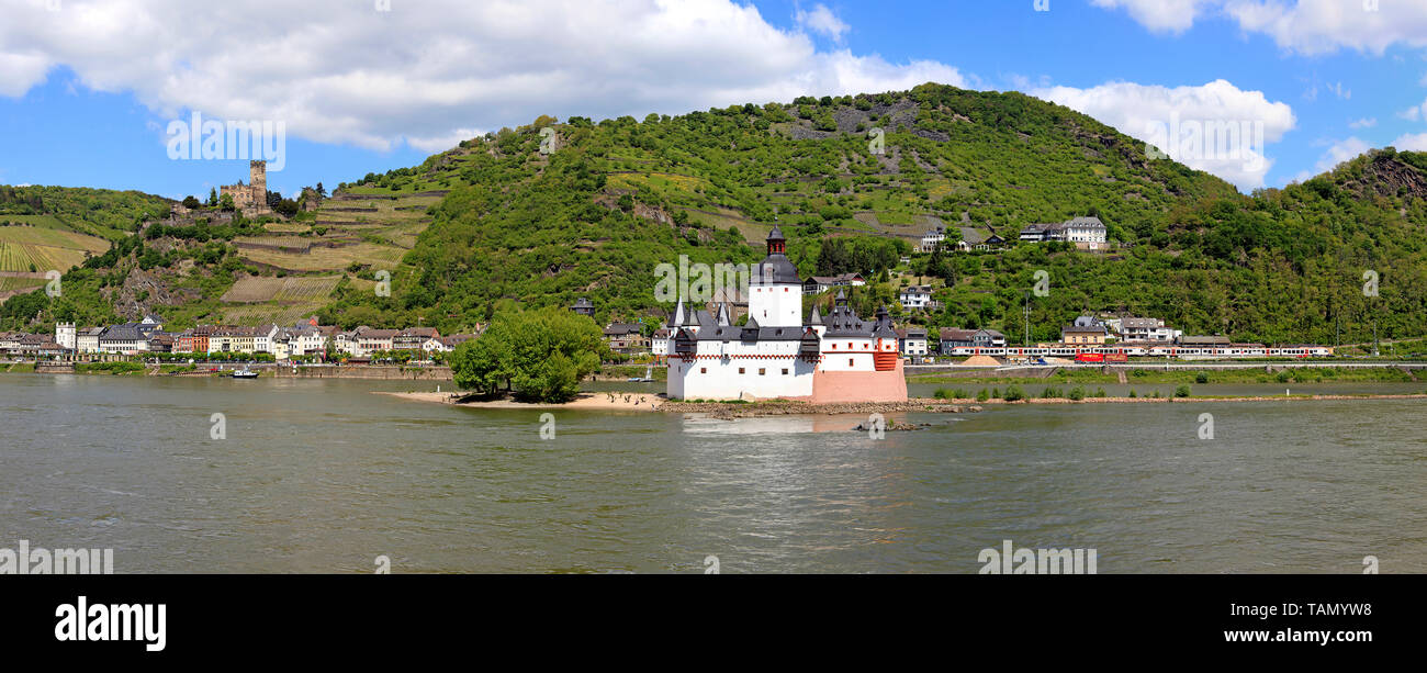 Il castello Pfalzgrafenstein sull isola reno Falkenau, sopra il castello di Gutenfels, Kaub, Valle del Reno superiore e centrale, Renania-Palatinato, Germania Foto Stock