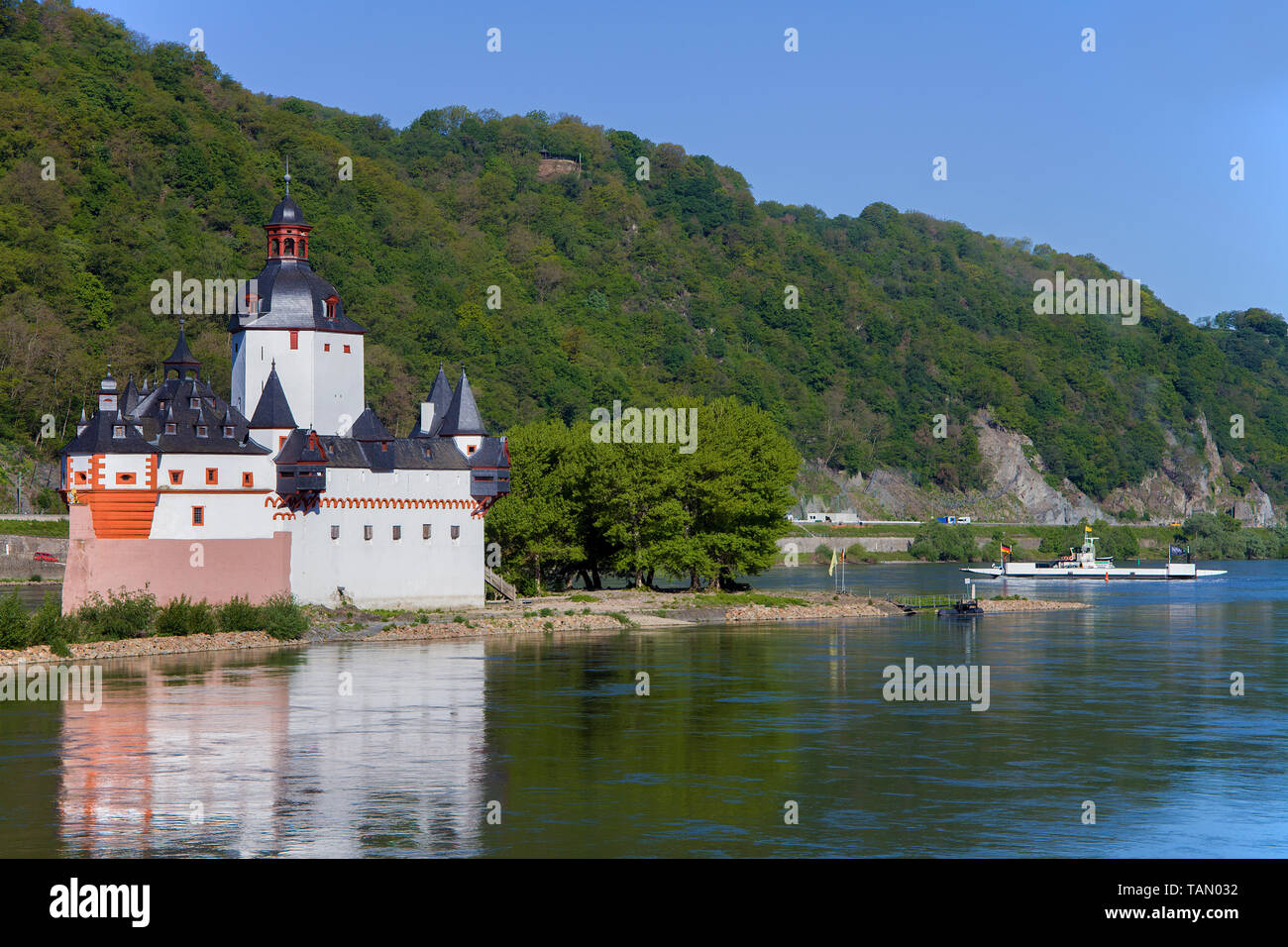 Il castello Pfalzgrafenstein sull isola reno Falkenau, Kaub, sito patrimonio mondiale dell'Unesco, Valle del Reno superiore e centrale, Renania-Palatinato, Germania Foto Stock