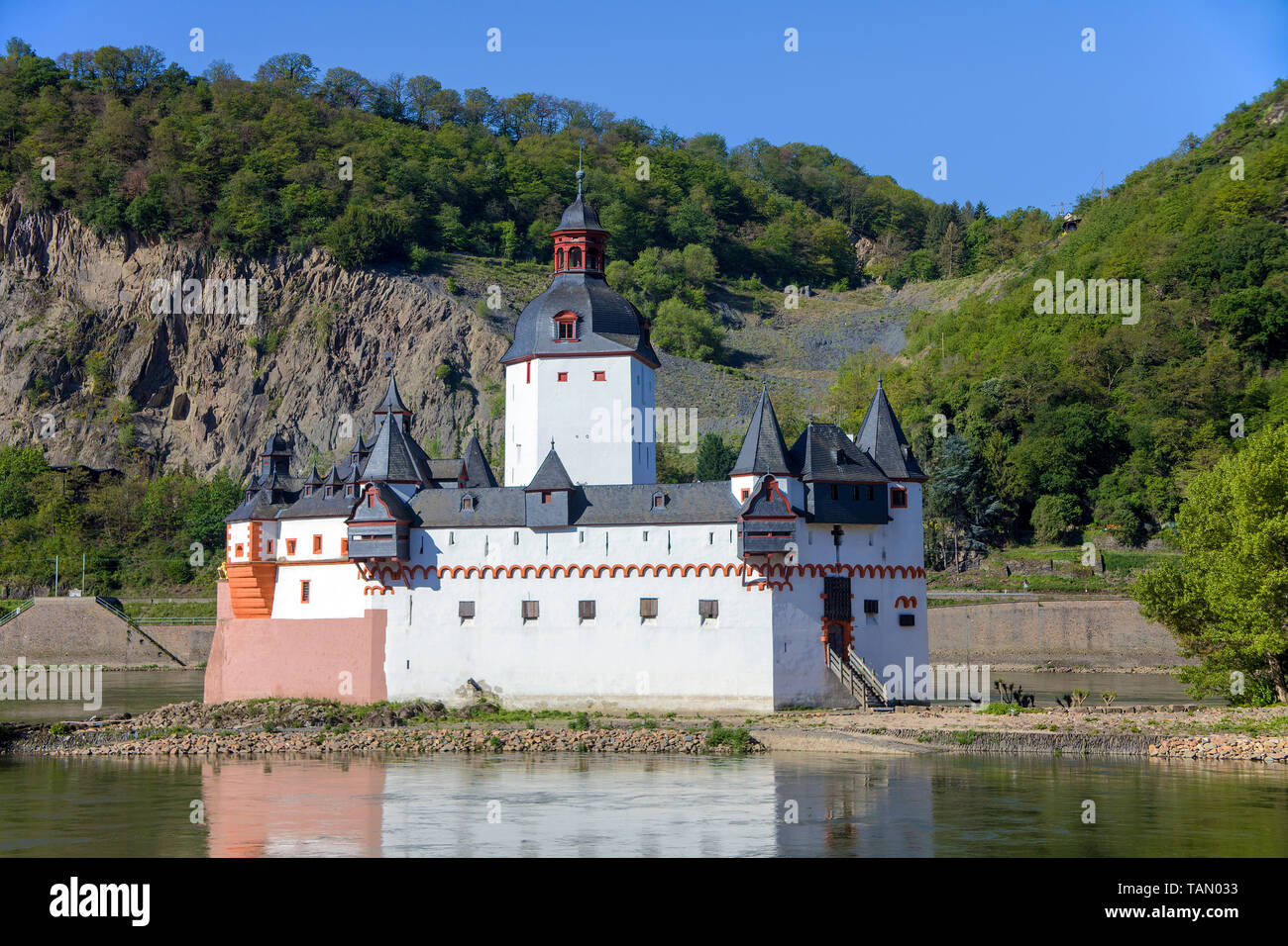Il castello Pfalzgrafenstein sull isola reno Falkenau, Kaub, sito patrimonio mondiale dell'Unesco, Valle del Reno superiore e centrale, Renania-Palatinato, Germania Foto Stock