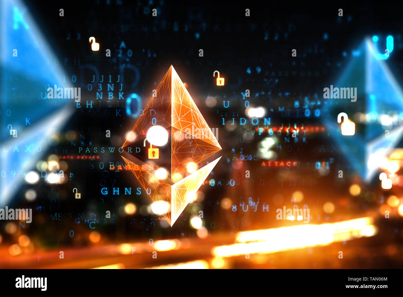 Schermo digitale sfondo con grafici e simboli Ethereum Foto Stock