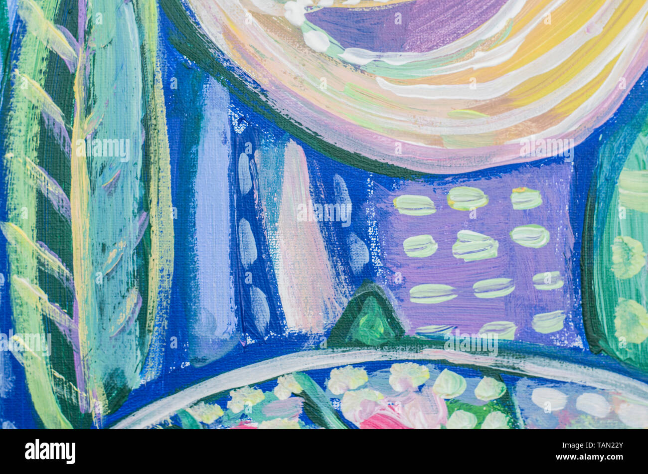 Disegnata a mano di pittura acrilica. L'arte astratta sfondo. Pittura Acrilica su tela di canapa. Colore e struttura. Frammento di opere d'arte. Pennellate di vernice. Foto Stock
