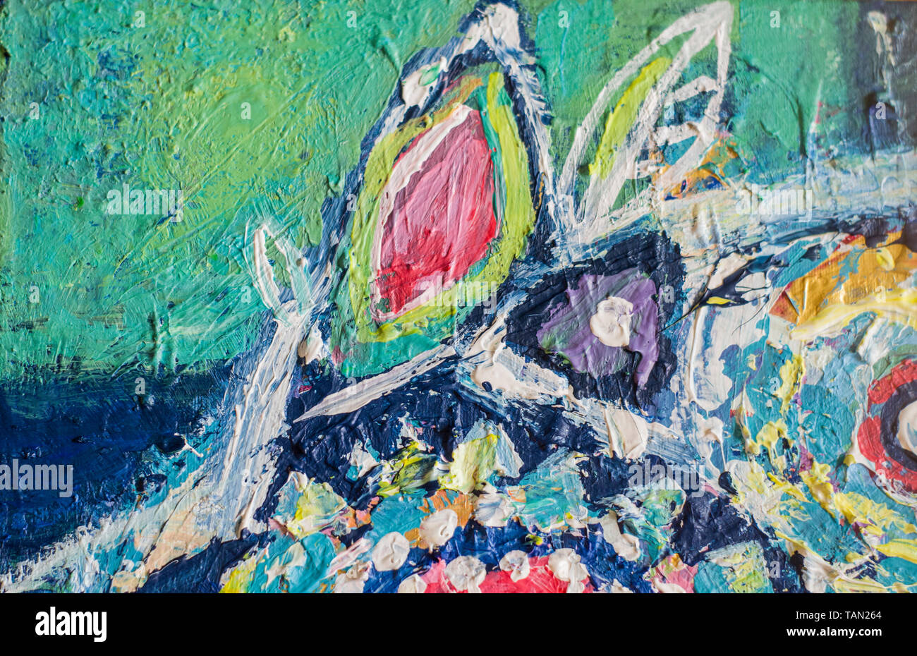 Disegnata a mano di pittura acrilica. L'arte astratta sfondo. Pittura Acrilica su tela di canapa. Colore e struttura. Frammento di opere d'arte. Pennellate di vernice. Foto Stock