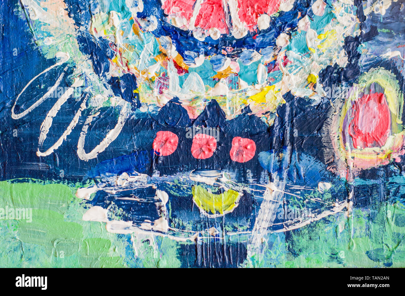 Disegnata a mano di pittura acrilica. L'arte astratta sfondo. Pittura Acrilica su tela di canapa. Colore e struttura. Frammento di opere d'arte. Pennellate di vernice. Foto Stock