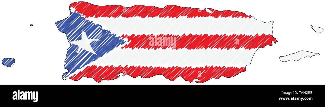 Puerto Rico mappa disegnata a mano sketch. Concetto di vettore illustrazione flag di disegno per bambini, scribble mappa. Mappa del paese per una infografica, brochure e Illustrazione Vettoriale