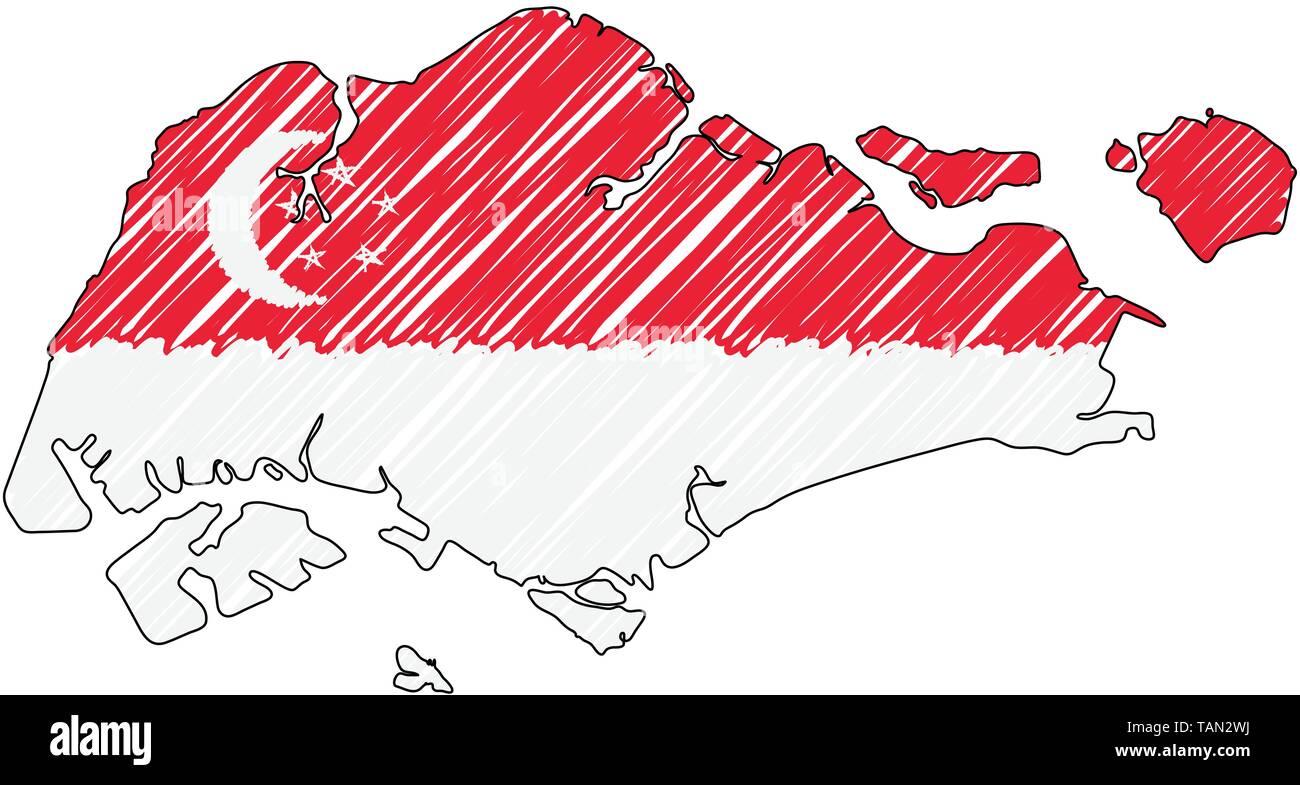 Mappa di Singapore mano bozzetto. Concetto di vettore illustrazione flag di disegno per bambini, scribble mappa. Mappa del paese per una infografica, brochure e Illustrazione Vettoriale