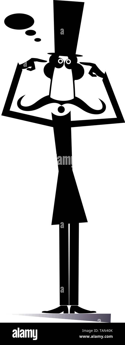 I baffi uomo nella top hat punti due dita per la sua testa e la pensa come risolvere il problema o crea nuove idee nero su bianco illustrazione Illustrazione Vettoriale