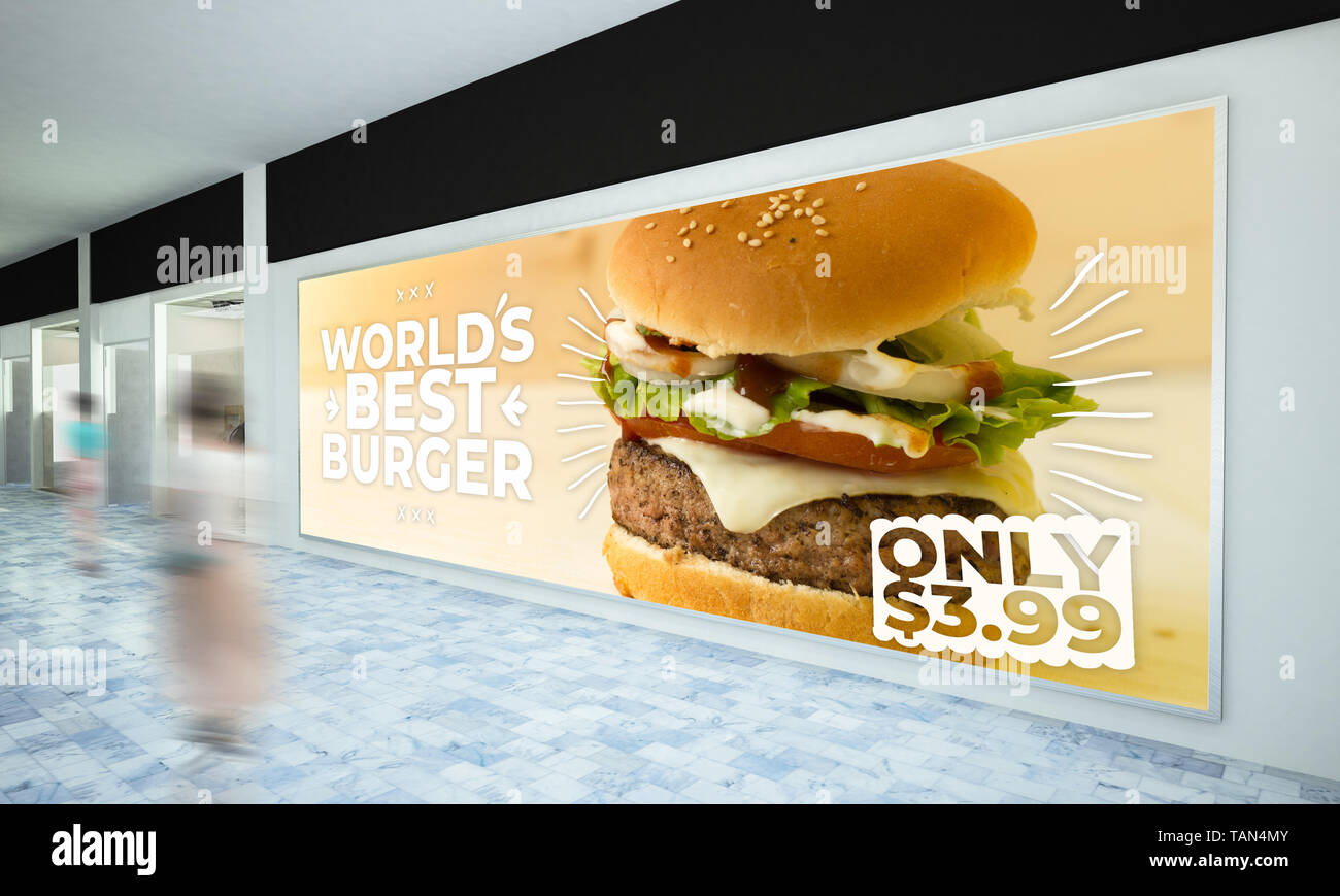 Big burger orizzontale billboard mockup a shopping mall il rendering 3D Foto Stock