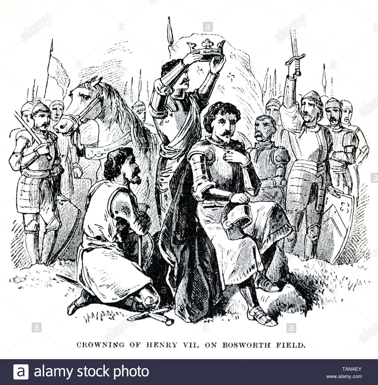 Enrico VII, 1457 – 1509, incoronato su Bosworth Field dopo la sconfitta e la morte di Richard III nella Battaglia di Bosworth del 22nd agosto 1485 Foto Stock