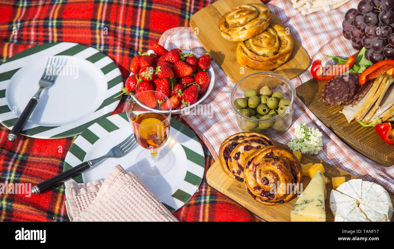 Picnic food - carne tritata e formaggio, frutta, uva, fragole e panini con bicchieri di vino su un rosso a scacchi foglio picnic Foto Stock