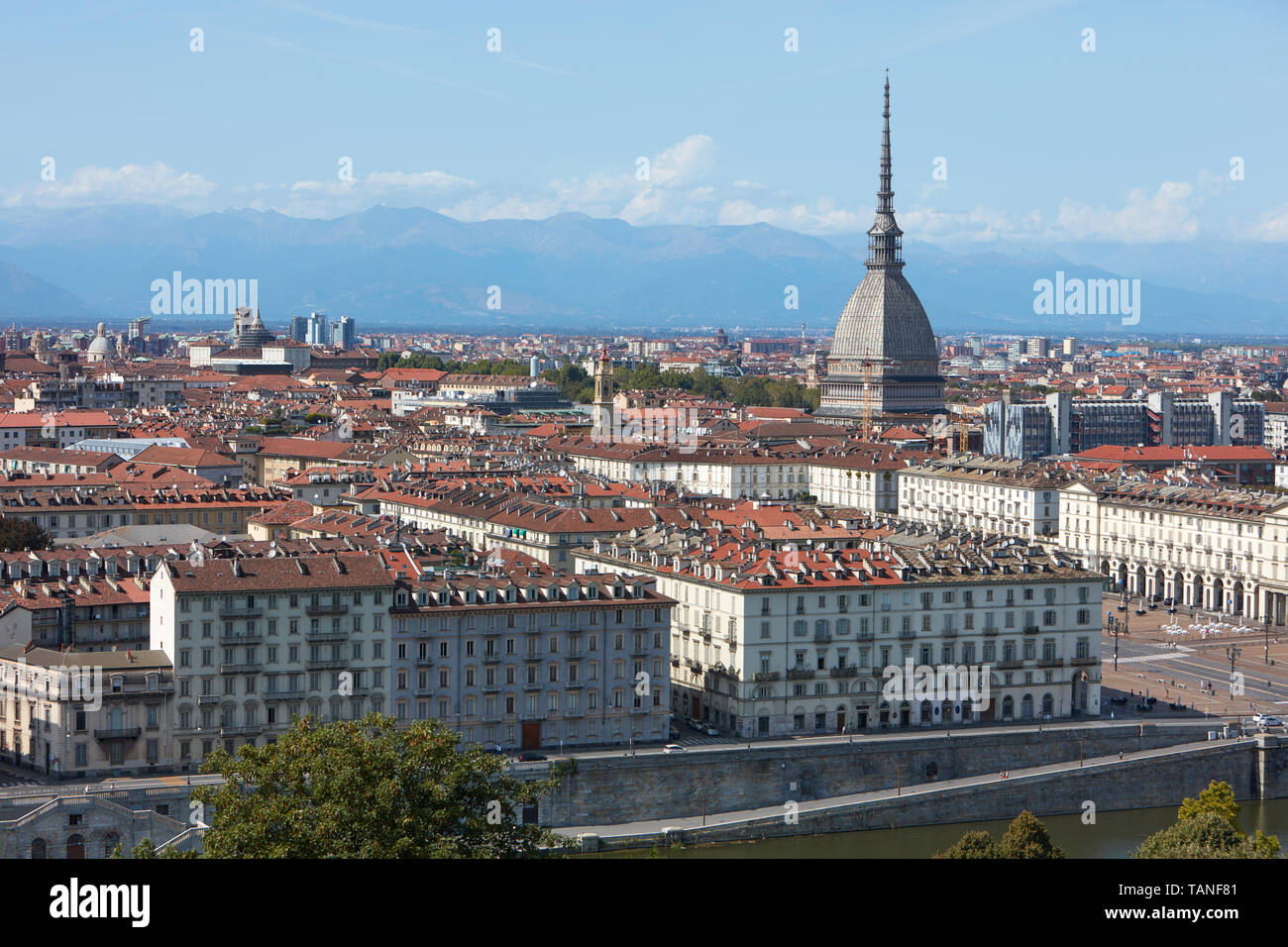 Lo skyline di Torino e vista la Mole Antonelliana torre in una soleggiata giornata estiva in Italia Foto Stock