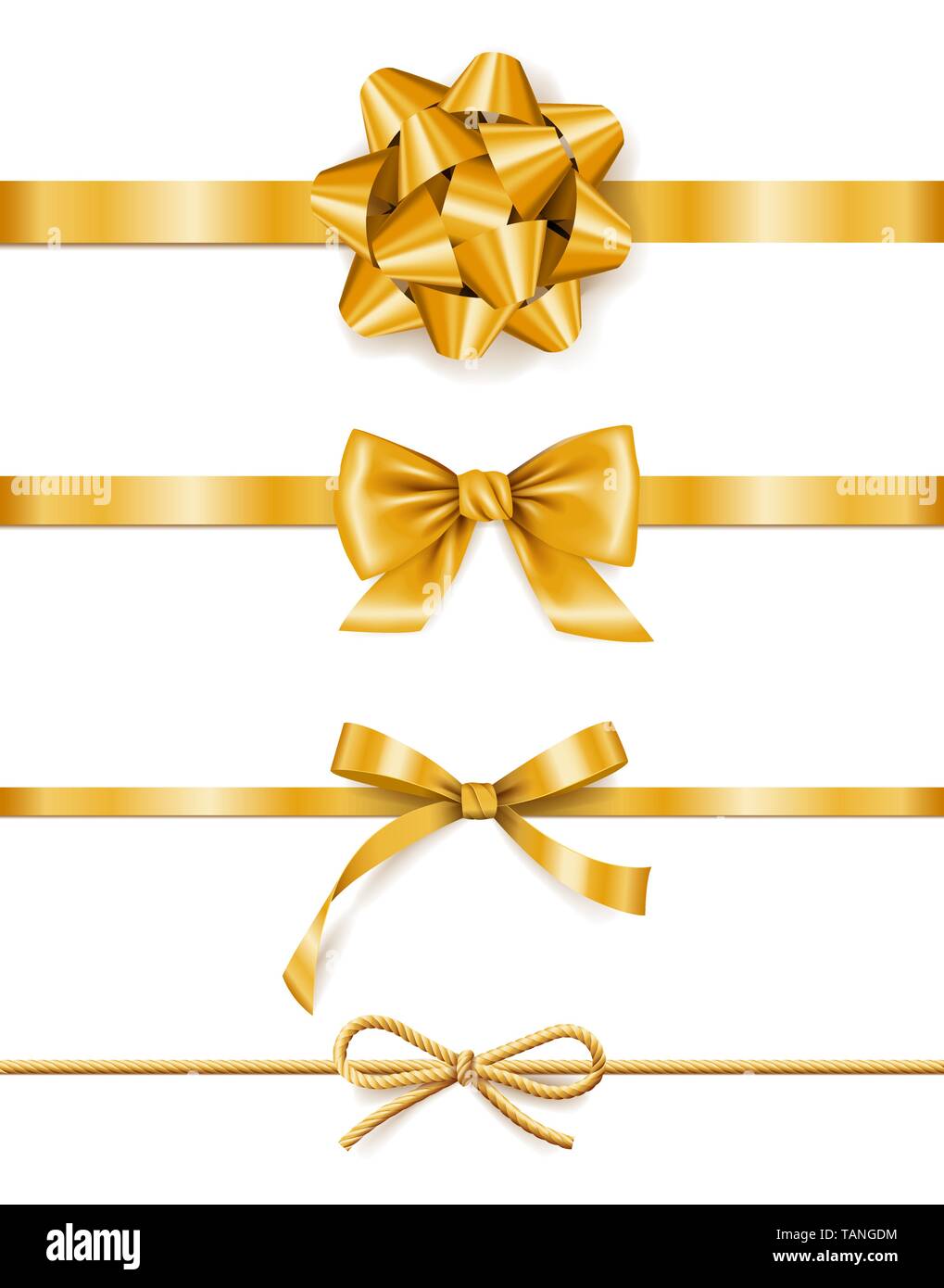 Set di nastri d'oro con archetti, decorazione per confezioni regalo, elemento di design Illustrazione Vettoriale