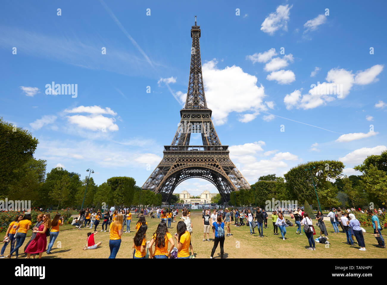 Parigi, Francia - 21 luglio 2017: la Torre Eiffel di Parigi e il verde Campo di Marte prato con cittadini e turisti in una soleggiata giornata estiva, cielo blu Foto Stock