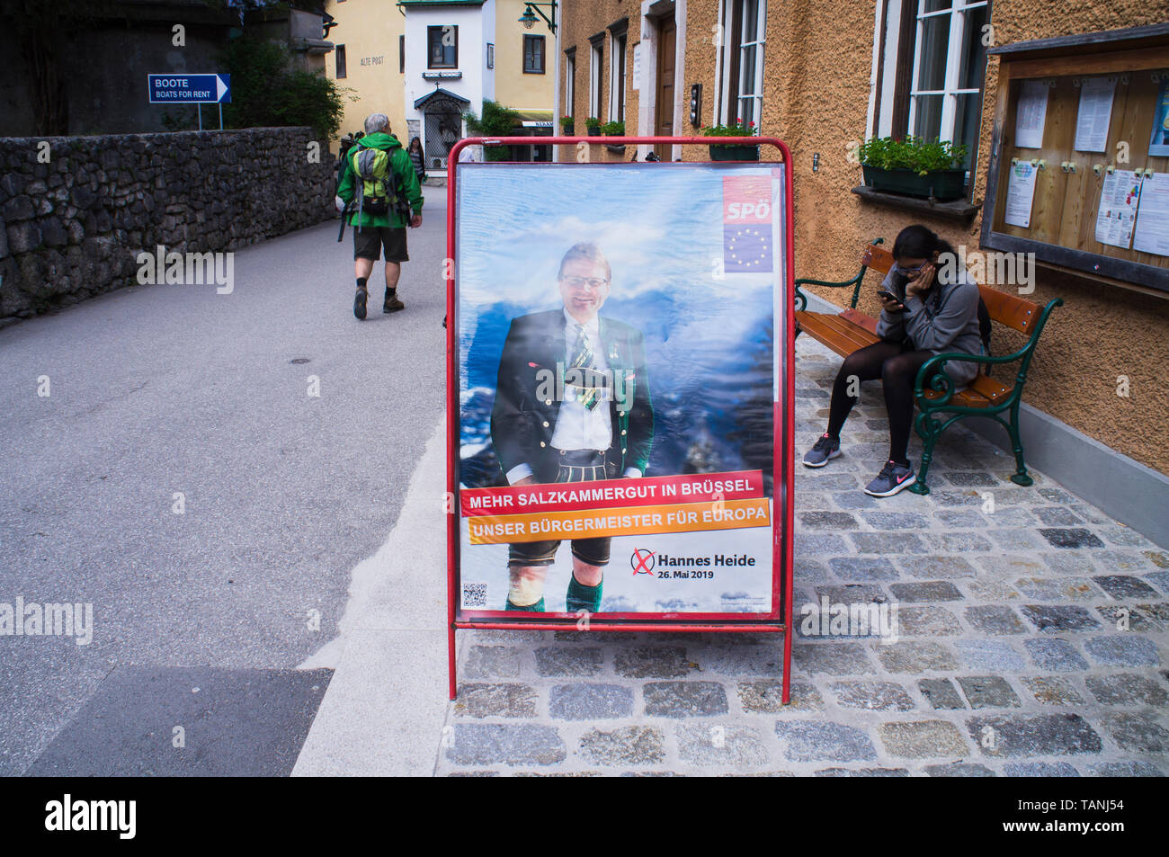 Poster di SPO, Hannes Heide, pre-campagna elettorale per il 2019 sulle elezioni per il Parlamento europeo di Hallstatt, Austria, 24 maggio 2019. (CTK foto/Libor Sojka) Foto Stock