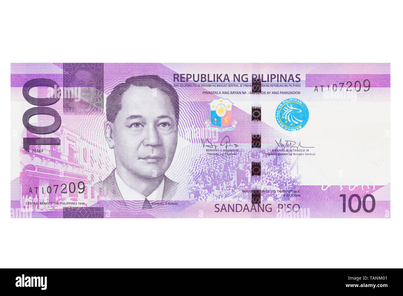 Philippine un centinaio di pesos banconota su sfondo bianco Foto Stock