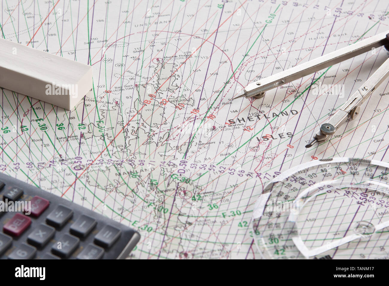 Un Shetland carta nautica mappa. Shetland è proprio al nord della Scozia, Regno Unito. Foto Stock