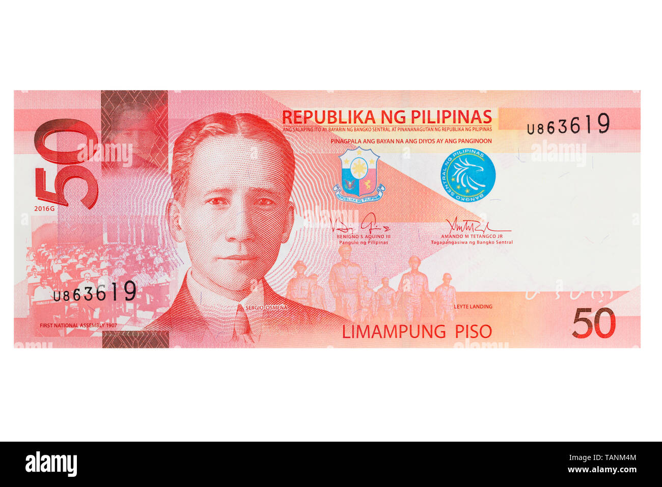 Philippine cinquanta pesos banconota su sfondo bianco Foto Stock