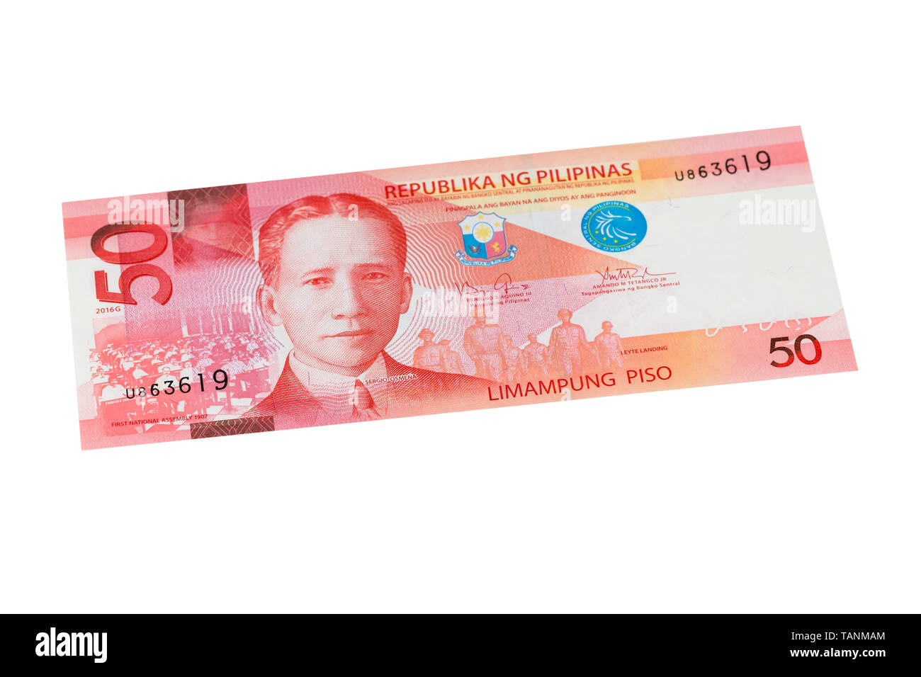 Philippine cinquanta pesos banconota su sfondo bianco Foto Stock