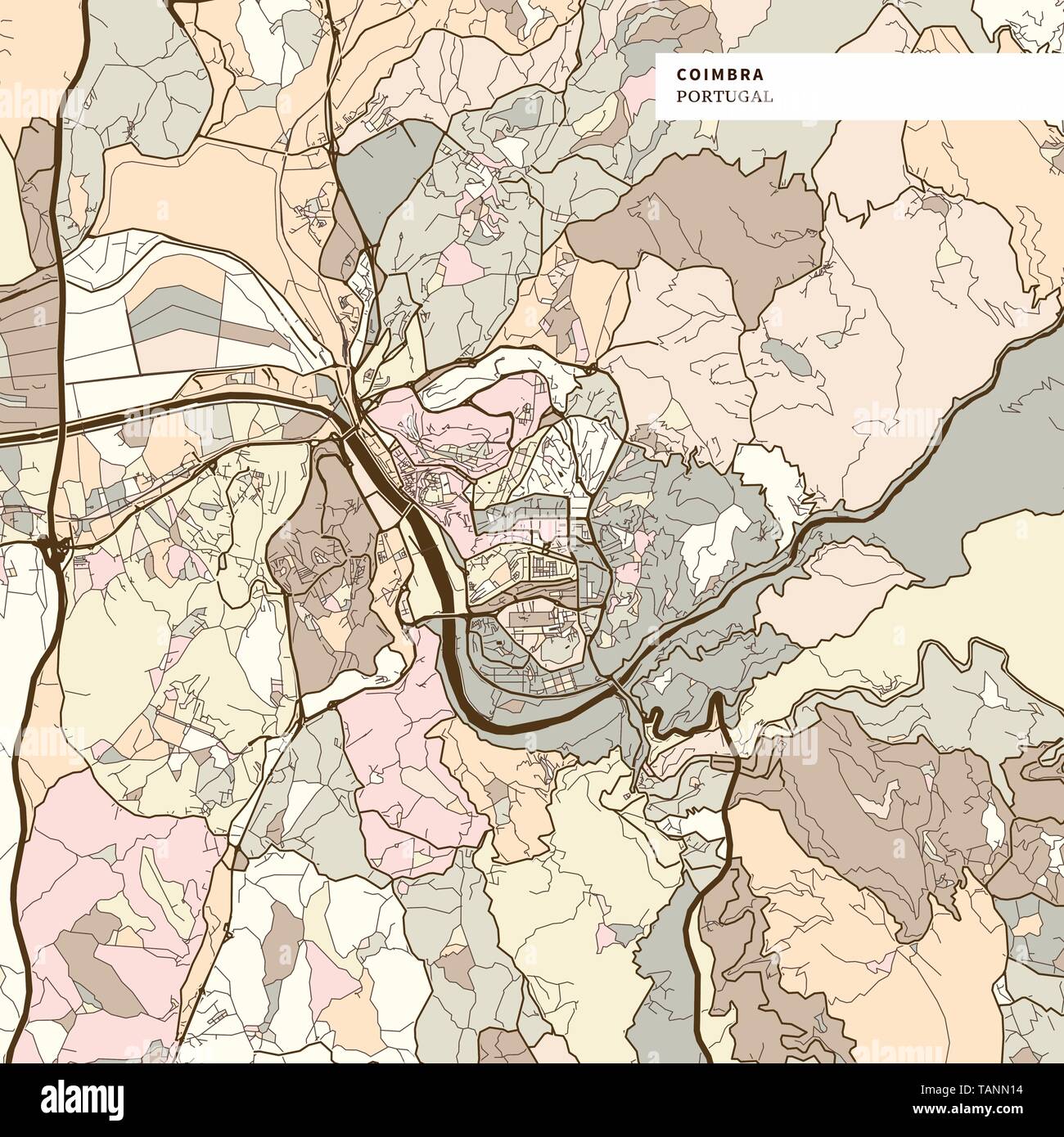 Mappa di Coimbra Portogallo arte Stampa mappa modello. marrone versione colorata per le applicazioni, per la stampa o il web sfondi Illustrazione Vettoriale