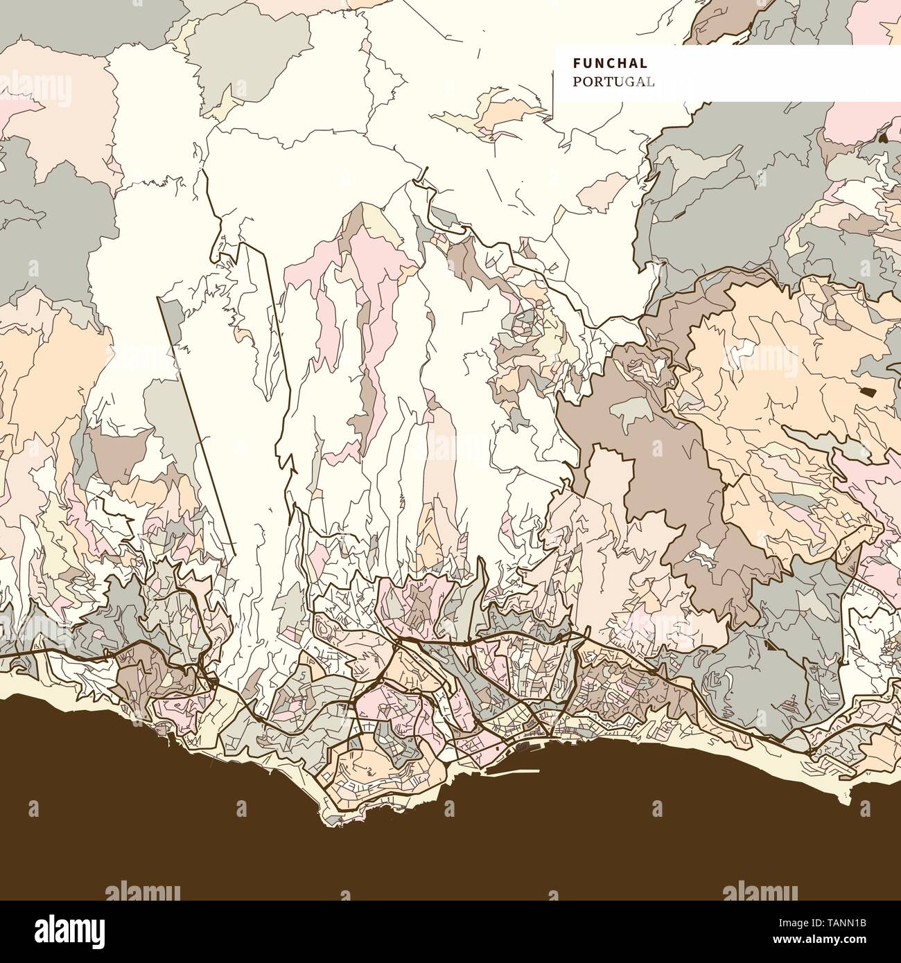 Mappa di Funchal Portogallo, arte Stampa mappa modello. Di colore marrone versione per applicazioni di stampa o sfondi web Illustrazione Vettoriale