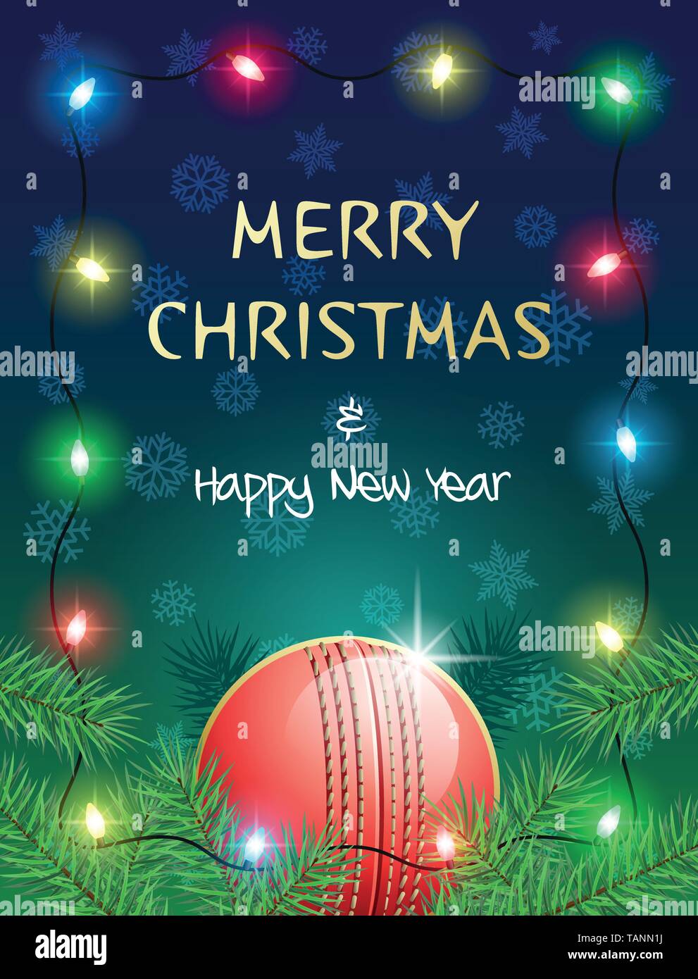 Buon Natale e Felice Anno Nuovo. Sport biglietto di auguri con il cricket la sfera e le luci di Natale. Illustrazione Vettoriale. Illustrazione Vettoriale