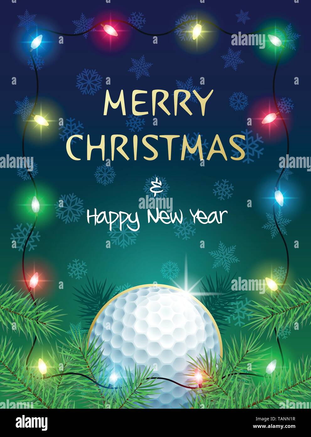 Buon Natale e Felice Anno Nuovo. Sport biglietto di auguri con la pallina da golf e le luci di Natale. Illustrazione Vettoriale. Illustrazione Vettoriale