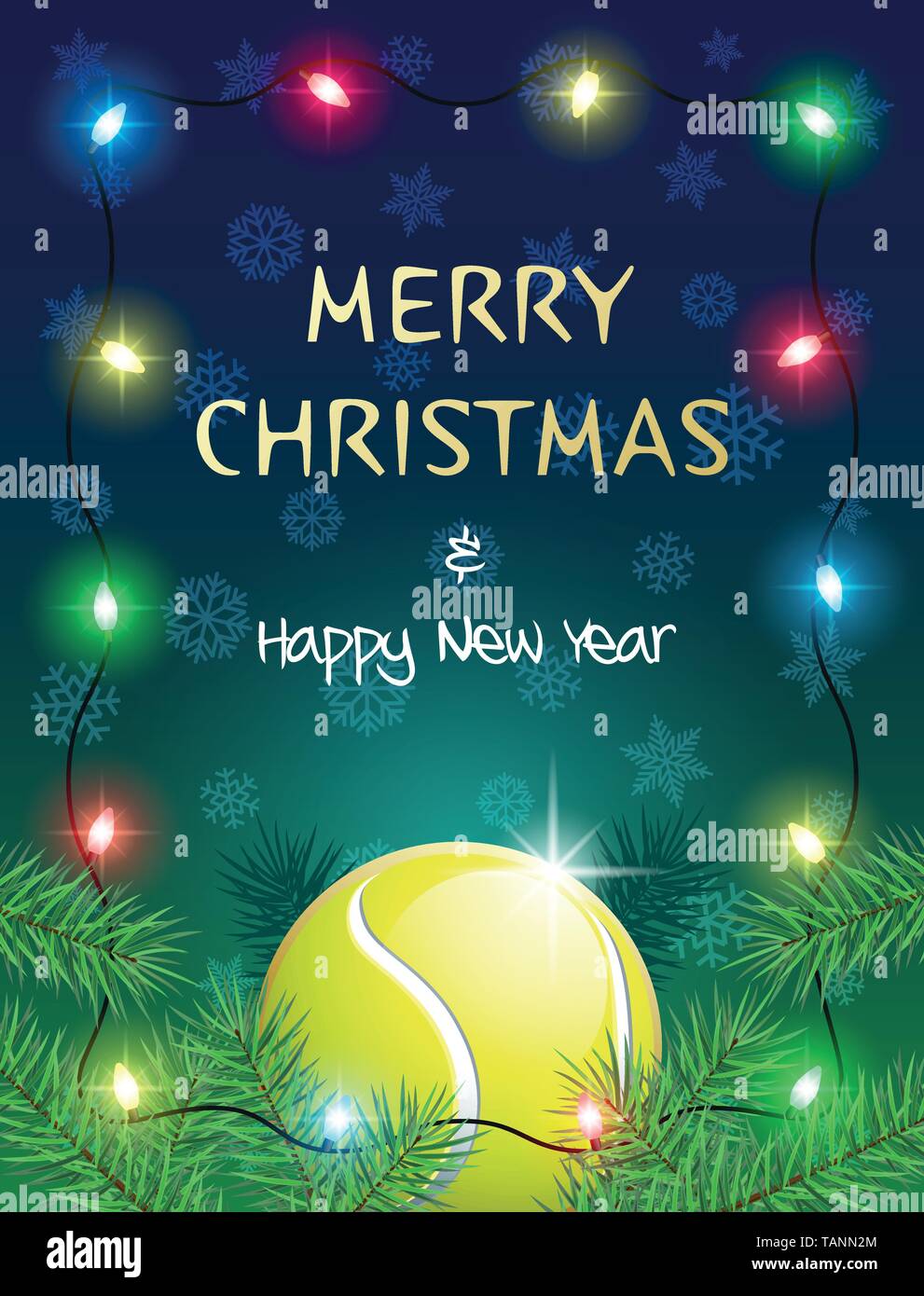 Buon Natale e Felice Anno Nuovo. Sport biglietto di auguri con palla da  tennis e le luci di Natale. Illustrazione Vettoriale Immagine e Vettoriale  - Alamy