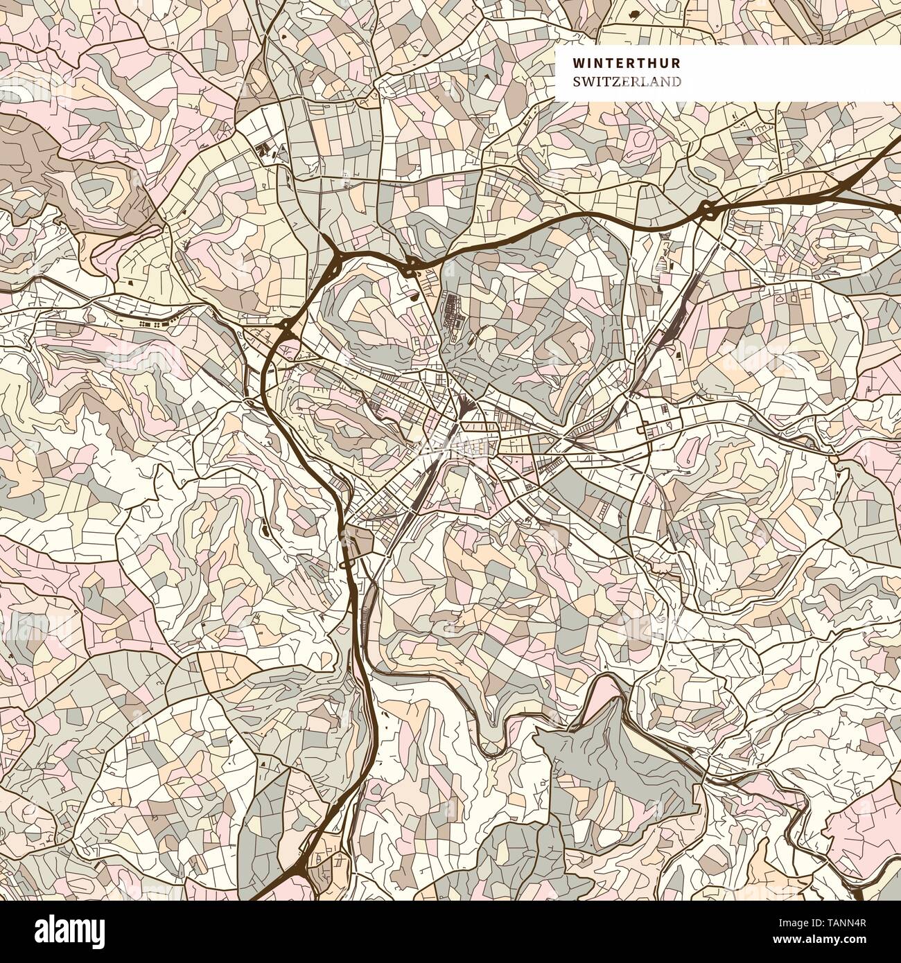 Mappa di Winterthur, marrone versione colorata per le applicazioni, per la stampa o il web sfondi Illustrazione Vettoriale