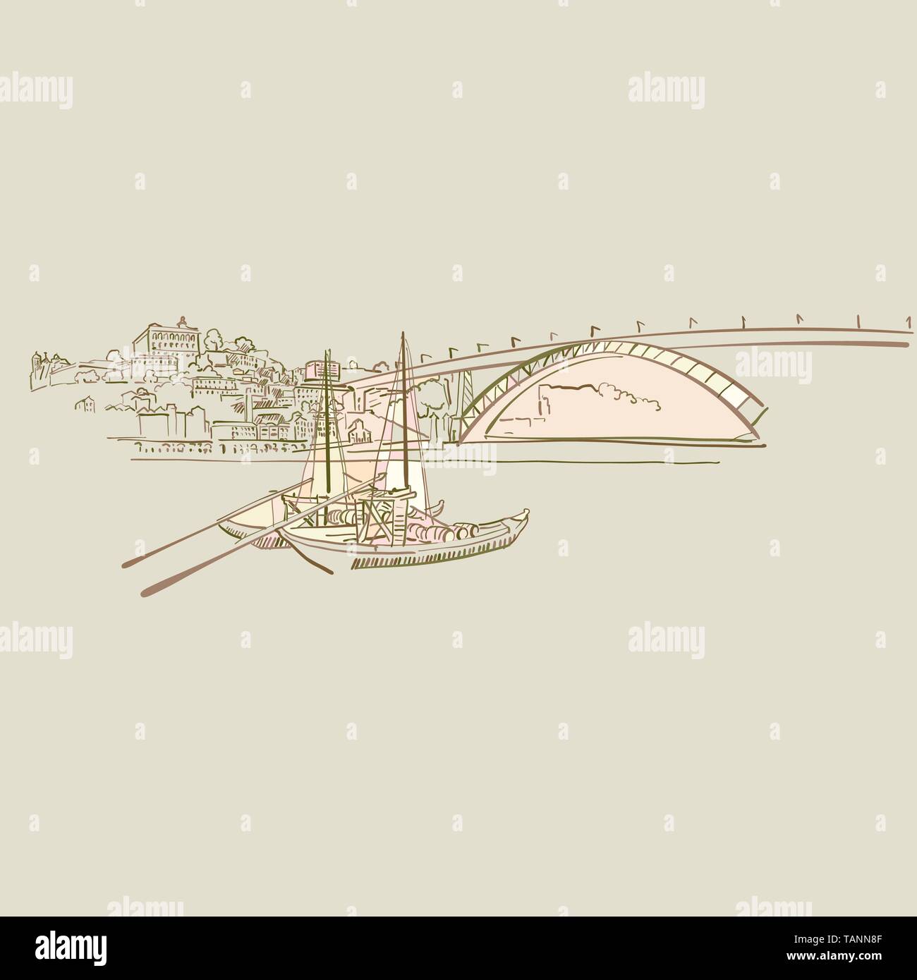 Porto Panorama disegno, marrone versione colorata per le applicazioni, per la stampa o il web sfondi Illustrazione Vettoriale