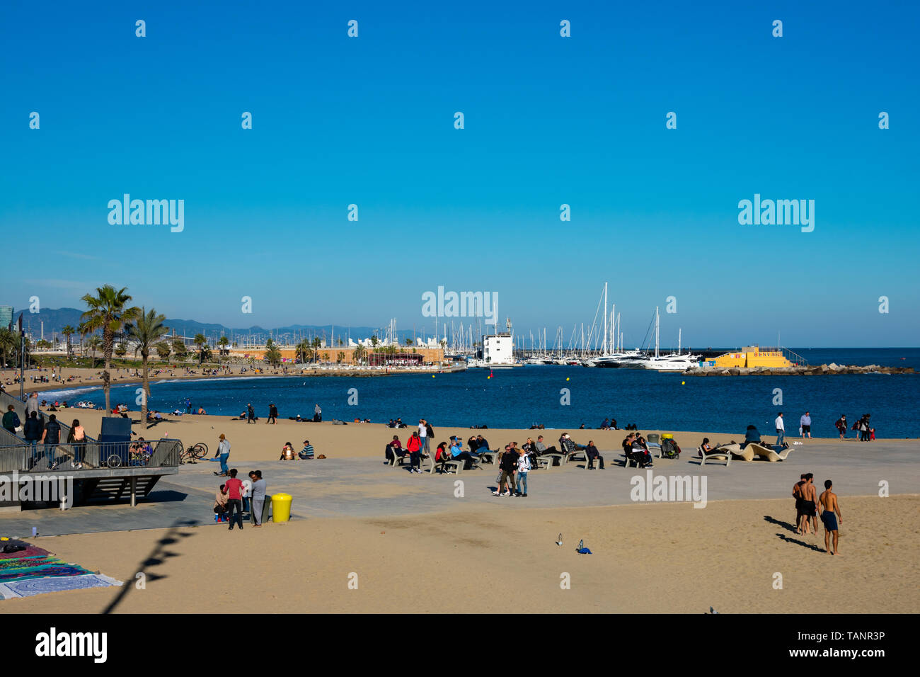 Barcellona, Spagna. Febbraio 10, 2019. Vista di La Barceloneta Beach su un soleggiato e caldo giorno d'inverno Foto Stock