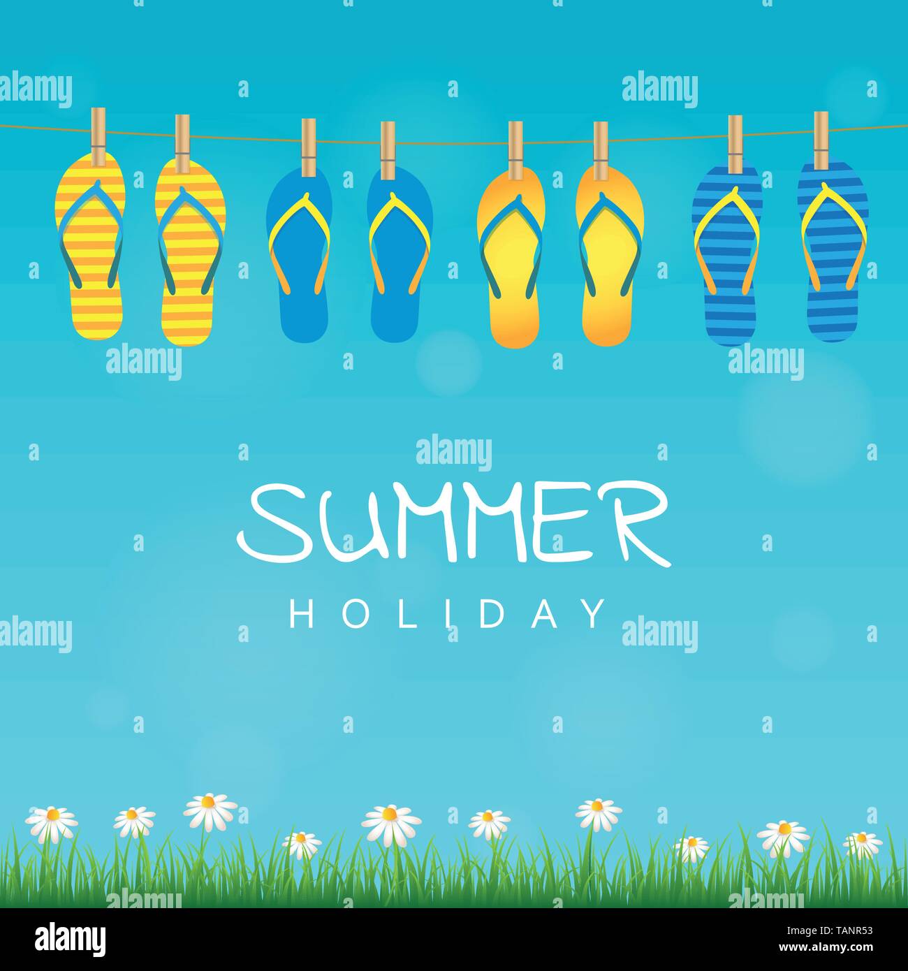 Vacanze estate appeso flip flop su una corda daisy fiore ed erba illustrazione vettoriale EPS10 Illustrazione Vettoriale